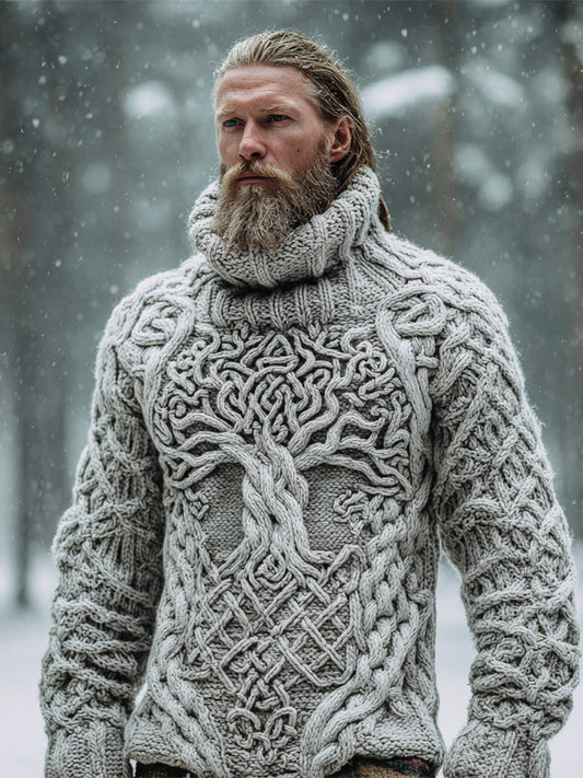 Nordic Myth Tree Of Life Men's Chunky Knit Turtleneck Sweater
