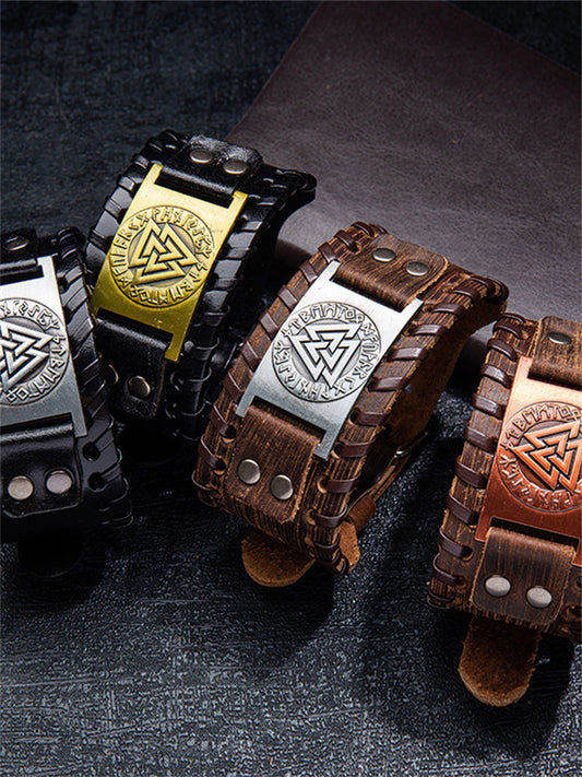 Vintage Viking Symbol Leather Wristband