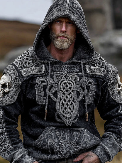 Viking Skull And Celtic Knot Inspired Tribal Distressed Washed Hoodie