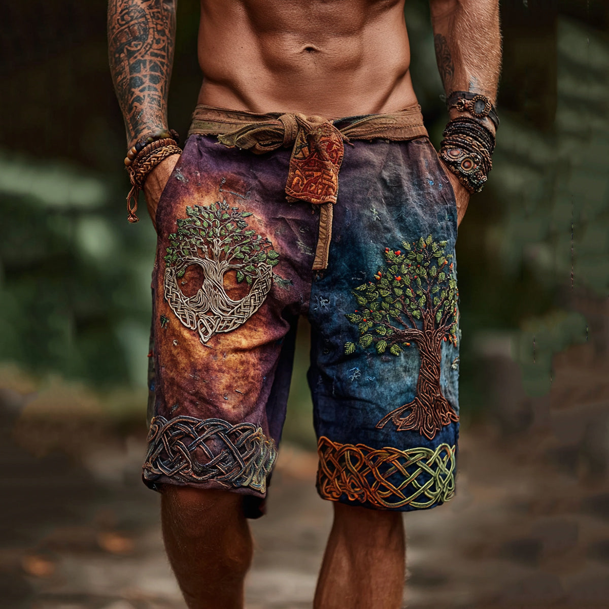 Men's Viking Inspired  Tree Of Life With Celtic Knot Art Linen Shorts