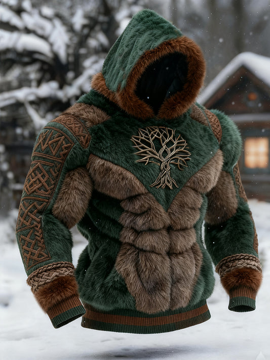 Men's Viking Tribal Jacquard Tree Of Life Muscle Line Inspired Art Plush Warm Hoodie