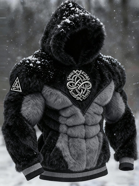 Men's Viking Tribal Jacquard Celtic Muscle Line Inspired Art Plush Warm Hoodie