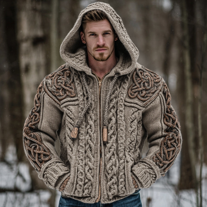 Men's Vintage Viking Celtic Knot Art Chunky Knit Hooded Zip-up Sweater