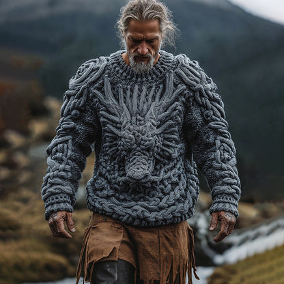 Men's Viking Celtic Knot Dragon Chunky Knit Warm Sweater