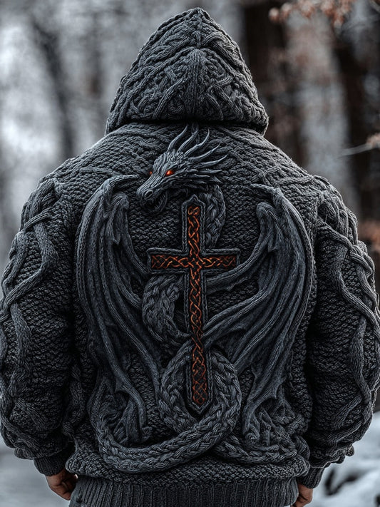 Men's Viking Inspired Dragon Cross Chunky Hooded Sweater